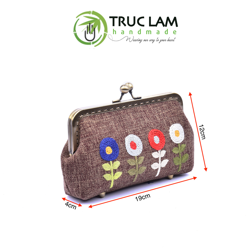 Ví Cầm Tay Nữ Clutch Vải Gai Khóa Nẹp Đồng Thêu Tay Họa Tiết Hoa Cỏ THEUNĐ58 Trúc Lâm Handmade