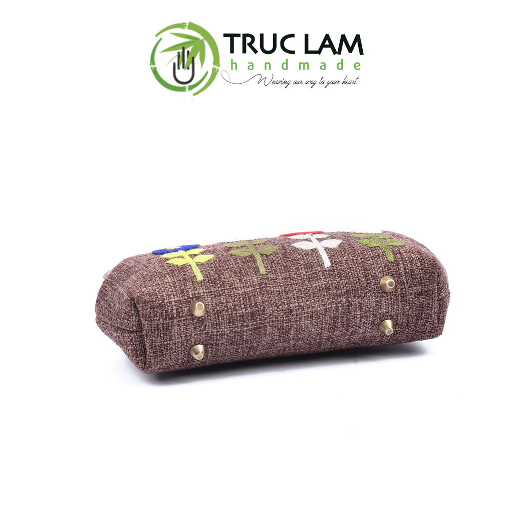 Ví Cầm Tay Nữ Clutch Vải Gai Khóa Nẹp Đồng Thêu Tay Họa Tiết Hoa Cỏ THEUNĐ58 Trúc Lâm Handmade