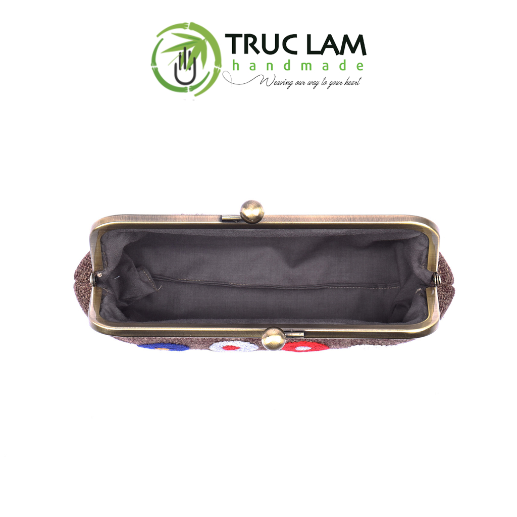 Ví Cầm Tay Nữ Clutch Vải Gai Khóa Nẹp Đồng Thêu Tay Họa Tiết Hoa Cỏ THEUNĐ58 Trúc Lâm Handmade