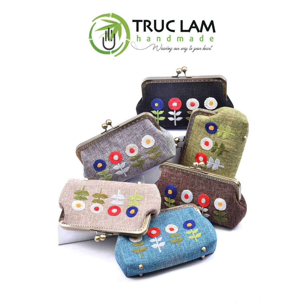 Ví Cầm Tay Nữ Clutch Vải Gai Khóa Nẹp Đồng Thêu Tay Họa Tiết Hoa Cỏ THEUNĐ58 Trúc Lâm Handmade