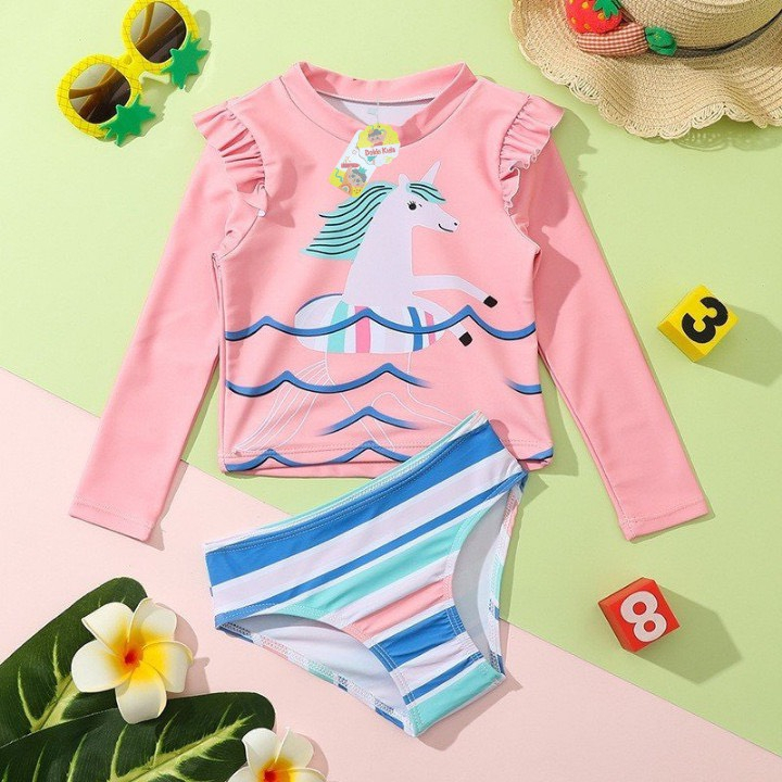 Áo tắm bé gái dài tay hàng đẹp Kèm Mũ size đại 10-46kg chống nắng UPF 50+ Bikini, bộ đồ bơi trẻ em đi biển từ 1-15 tuổi