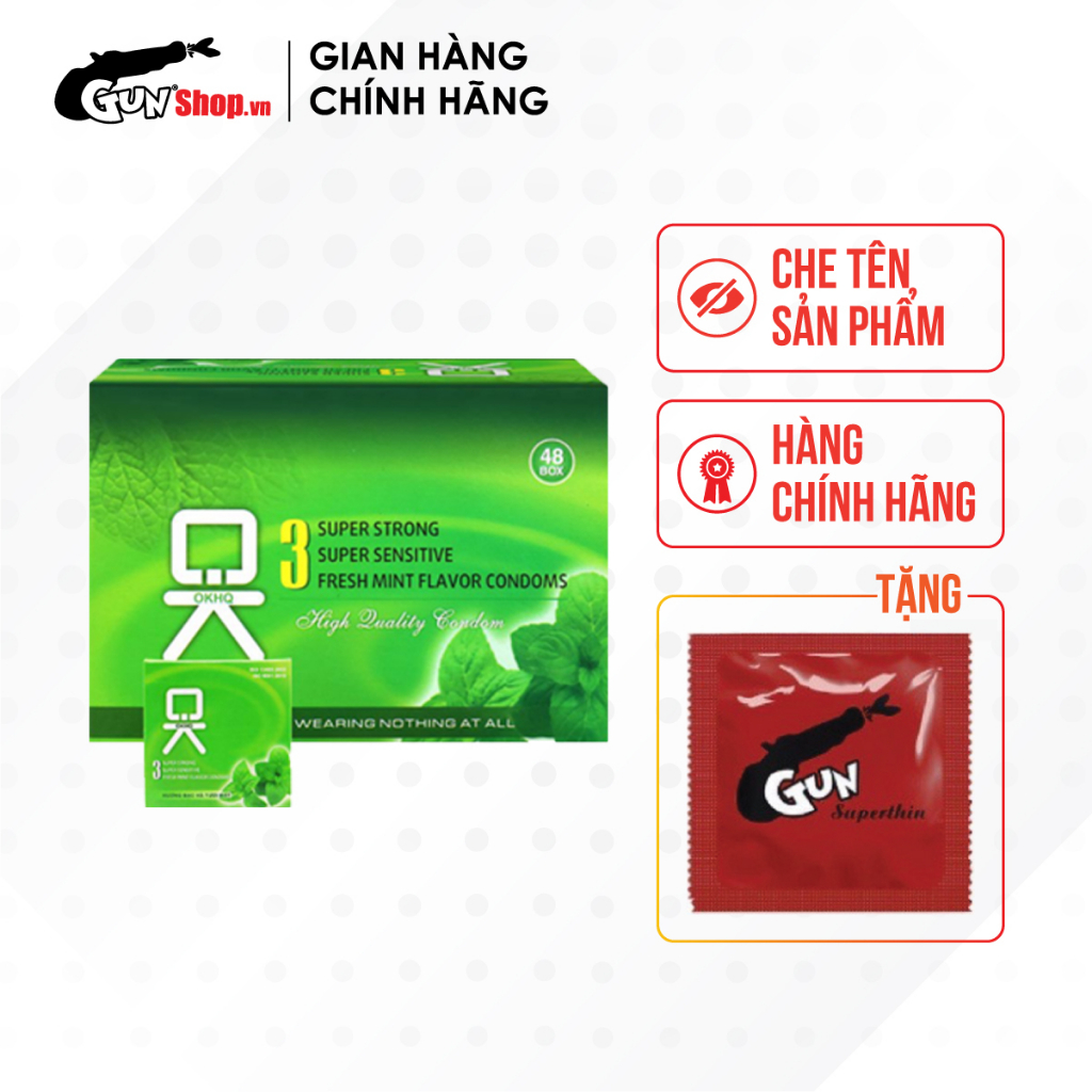 Bao cao su OKHQ hương bạc hà hộp 144 cái kèm 1 chiếc BCS Gun Super Thin