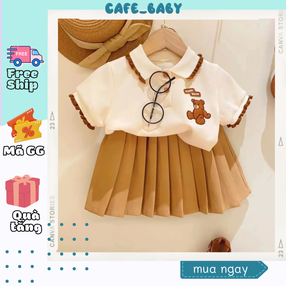 (8-35kg) Set Đồ Áo Polo Chân Váy Kèm Quần Trẻ Em Thêu Gấu Xinh Hàn Quốc Sành Điệu Cho Bé Gái Diện Mùa Hè Size Nhí - Đại