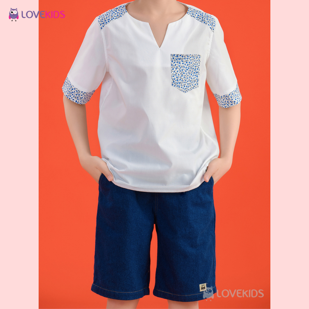 Áo Thun Bé Trai Lovekids, áo bé trai phối họa tiết, vải cotton thoáng mát, size từ 4 đến 10 tuổi
