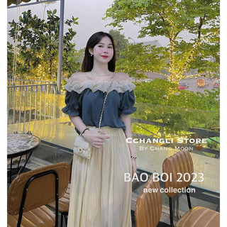 Áo sơ mi trễ vai bò phối bèo (sale-không đổi trả dưới mọi hình thức)