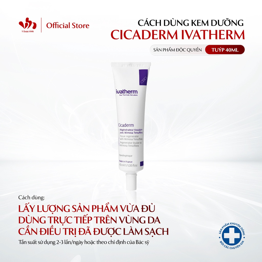 Kem dưỡng phục hồi da Cicaderm Ivatherm tuýp 40ml giúp làm lành tổn thương ngăn ngừa hình thành sẹo.