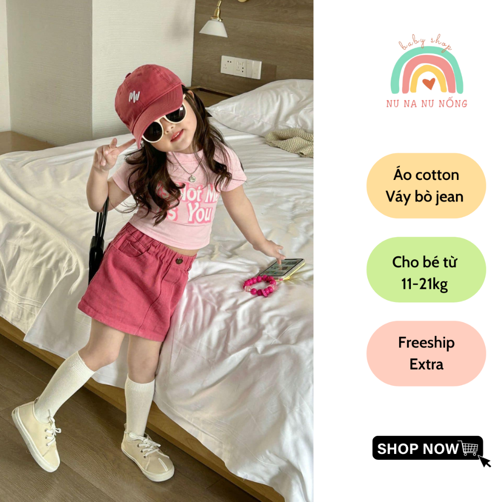 Set áo phông chân váy bò jean cho bé gái từ 11-21kg phong cách điệu đà Nu Na Nu Nống