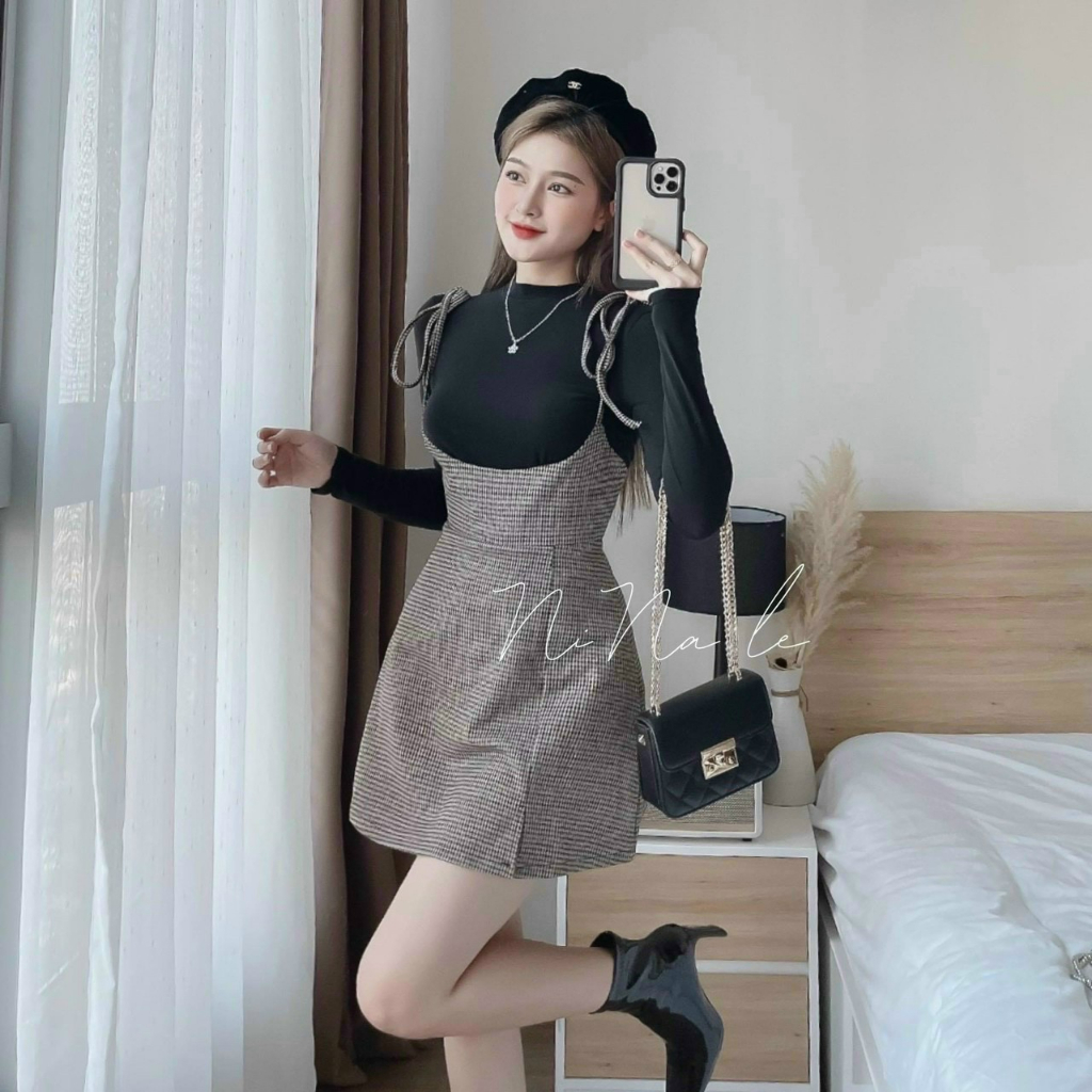 Set bộ yếm thời trang nữ đi chơi chất borip cổ tròn tay dài váy cột dây caro ôm mini xinh xắn