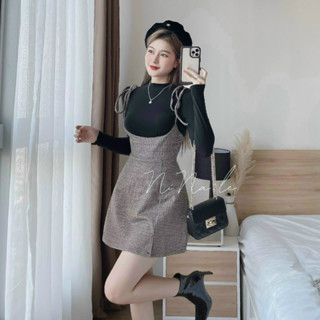 [Miễn Phí Ship 50K-] Set bộ yếm thời trang nữ đi chơi chất borip cổ tròn tay dài váy cột dây caro ôm mini xinh xắn