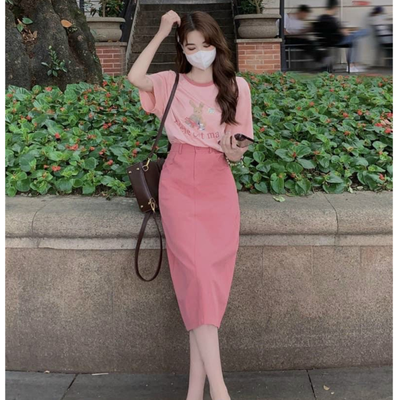 Set bộ thời trang nữ đi chơi chất cotton cổ tròn tay ngắn in váy lưng dây kéo dáng ôm maxi