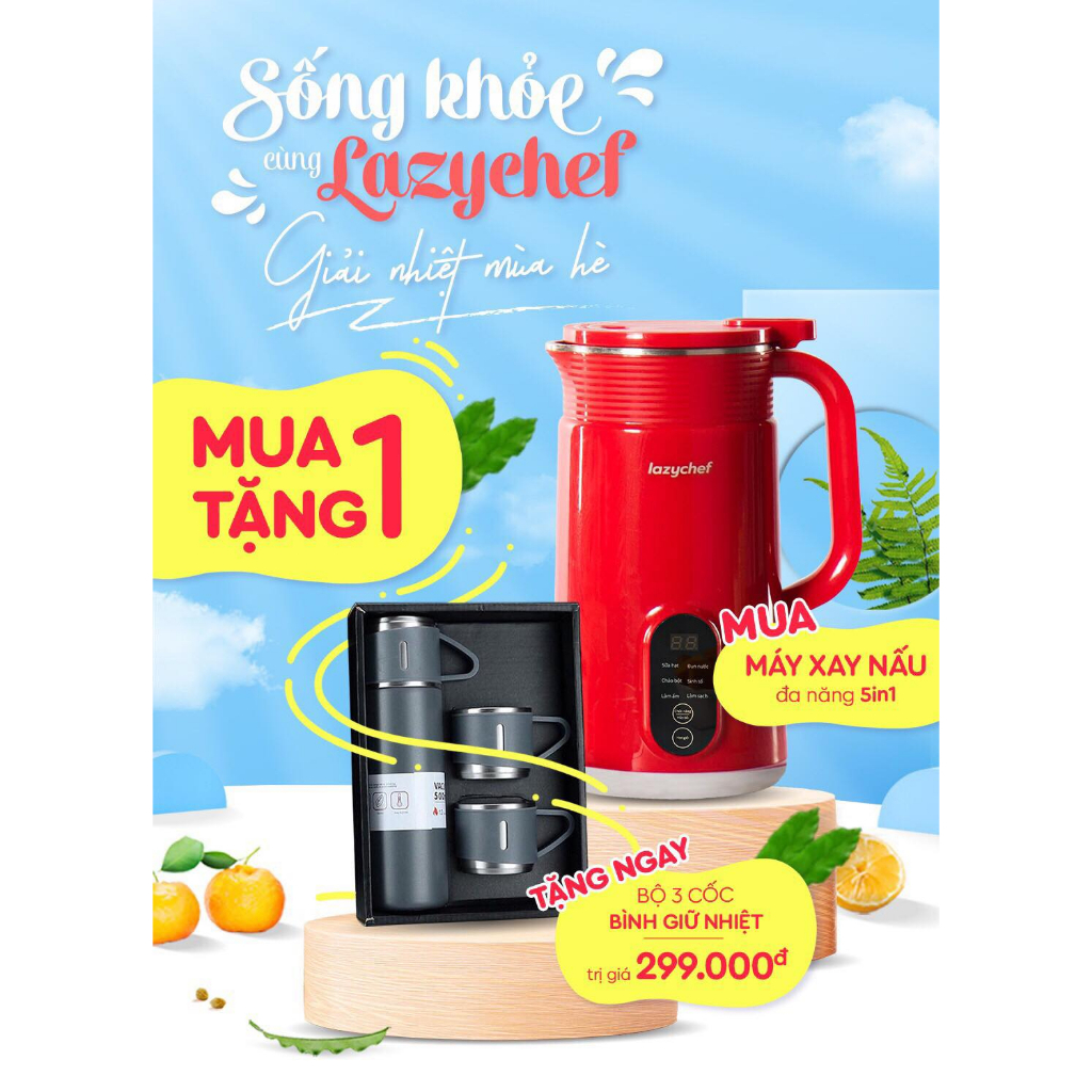 Máy xay nấu đa năng 5 in 1 LazyChef -Tặng cốc giữ nhiệt Máy làm sữa hạt, máy đa năng làm sữa đậu nàn