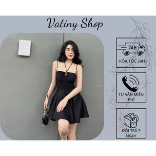 Đầm xòe, váy công chúa trễ vai xéo cổ vải lạnh dễ thương, đầm tiểu thư thời trang(d18)  VatinyShop
