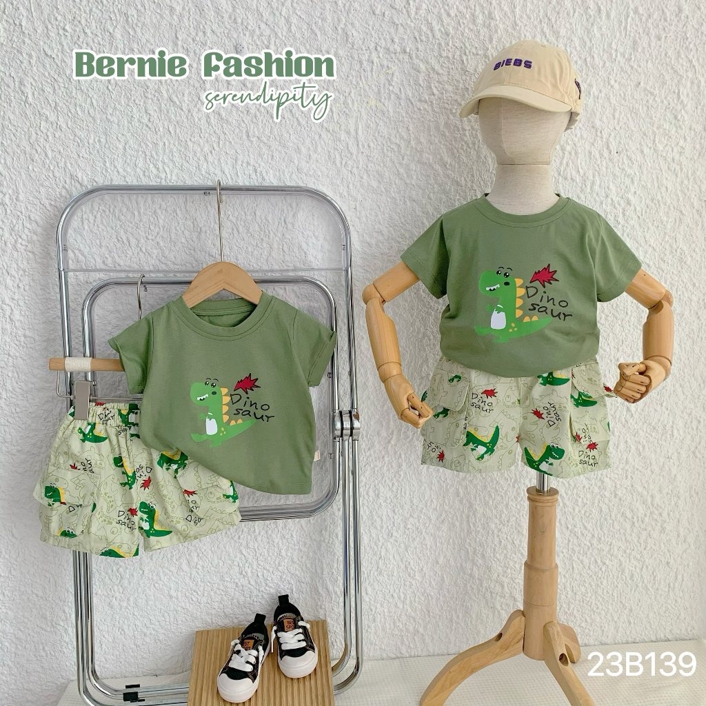 Set đồ bộ đi chơi cho bé trai họa tiết khủng long áo thun cotton kèm quần kaki 1 đến 7 tuổi BERNIE