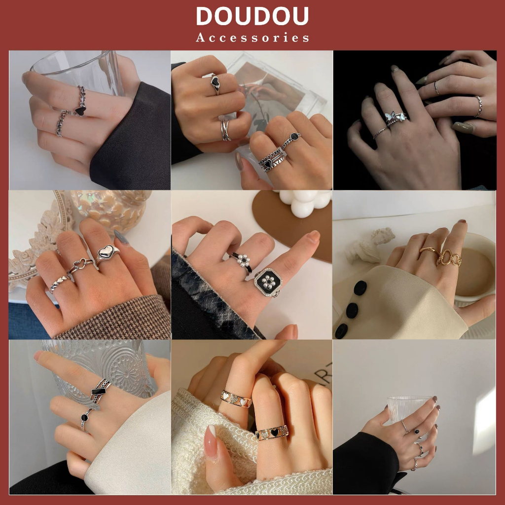 Nhẫn nữ Doudou Set nhẫn hot trend phá cách cá tính phong cách Âu Mỹ chất liệu mạ bạc S925 sang chảnh thời trang JZ007
