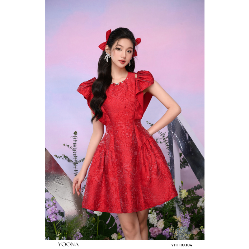 Đầm tiệc nữ đỏ tay bồng dáng xòe cổ tròn YOONA - YHT10X104