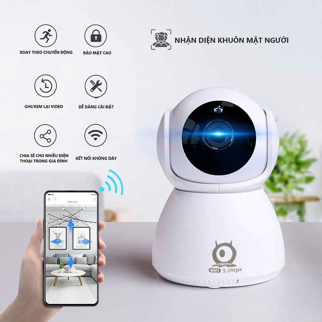 camera an ninh gia đình robot v380,cam an ninh gia đình,có màu ban đêm,góc quay rộng,đàm thoại 2 chiều,bảo hàng 3 năm