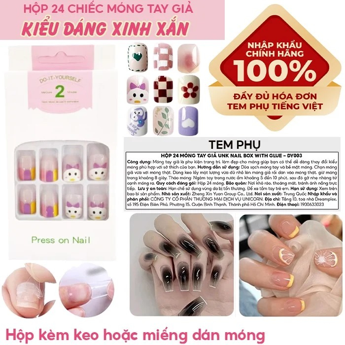 [NHẬP KHẨU] Hộp 24 Móng Tay Giả Siêu Bền Nhiều Họa Tiết Xinh Xắn UNK Nail Box (Kèm Keo, Dán Móng Tiện Dụng)