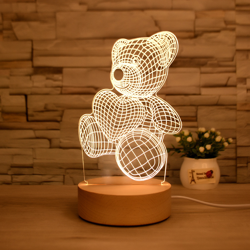 Đèn ngủ 3D hình gấu &amp; trái tim để bàn 3 chế độ màu