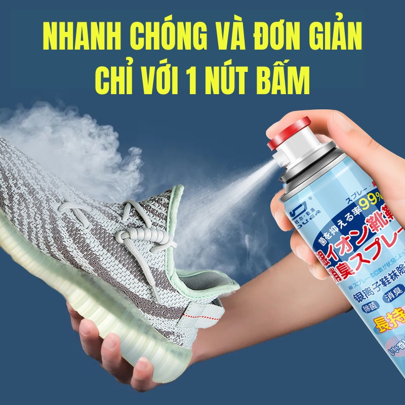 Bình xịt lạnh khử mùi hôi giày dép nano bạc hạn chế vi khuẩn shoes 2h lọ 260ml, làm thơm tủ giày, tất, vớ chân, quần áo.