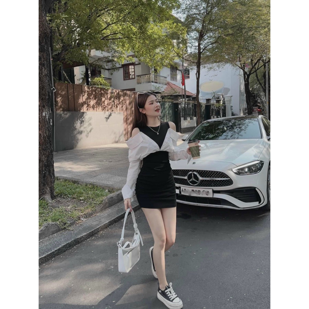 Đầm thời trang nữ phong cach hàn quốc, đầm đen ôm body phối áo sơ mi trắng tay dài hở vai đi chơi dạo phố cá tính dx