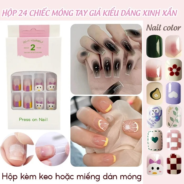 [NHẬP KHẨU] Hộp 24 Móng Tay Giả Siêu Bền Nhiều Họa Tiết Xinh Xắn UNK Nail Box (Kèm Keo, Dán Móng Tiện Dụng)