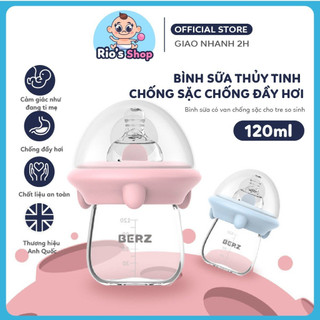 Bình sữa thủy tinh cho bé, bình sữa thủy tinh cổ rộng chống sặc, chống đầy hơi, chống bể vỡ berz - dung tích 120ml