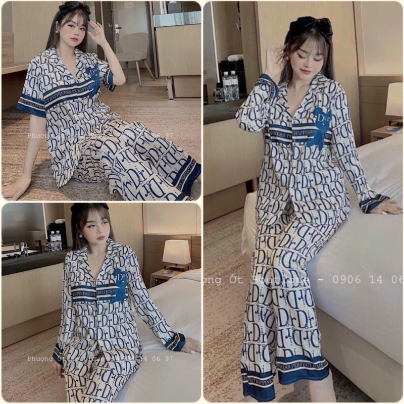 Đồ bộ Pyjama nữ chữ D xanh lụa gấm xước Sam cao cấp