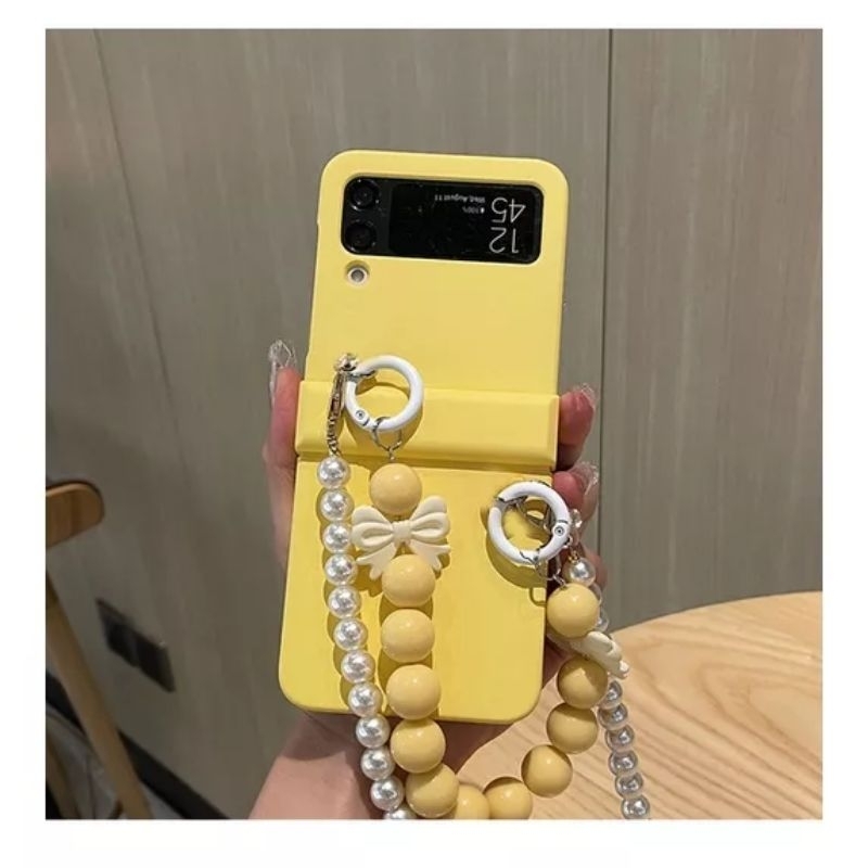 Nhiều màu - Ốp Z Flip5 - Flip3 - Flip4 5G pastel xinh xắn kèm dây hạt charm nơ và dây dài và thanh bản lề