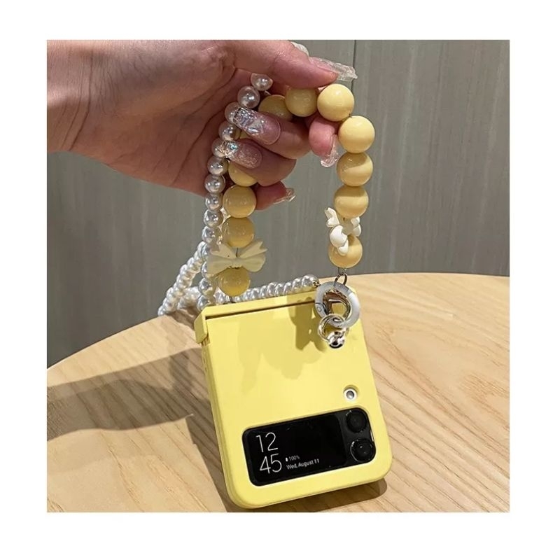 Nhiều màu - Ốp Z Flip5 - Flip3 - Flip4 5G pastel xinh xắn kèm dây hạt charm nơ và dây dài và thanh bản lề