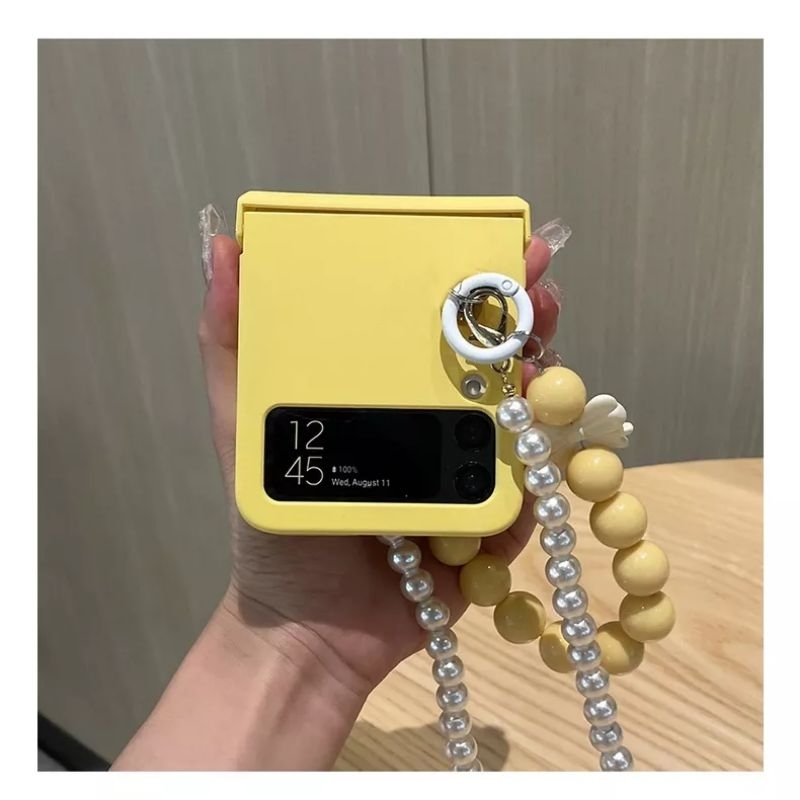 Nhiều màu - Ốp Z Flip5 - Flip3 - Flip4 5G pastel xinh xắn kèm dây hạt charm nơ và dây dài và thanh bản lề