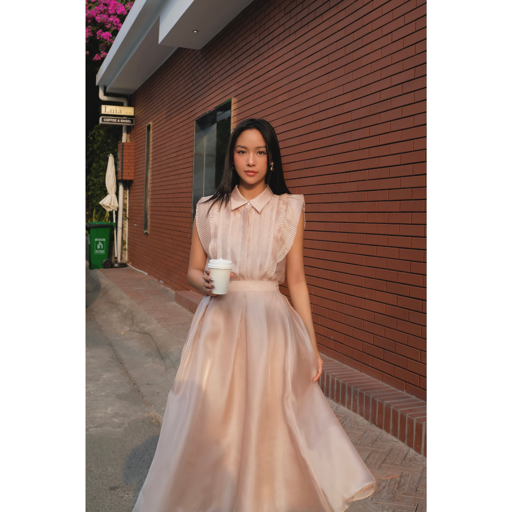 Áo sơ mi organza tay bèo dập li HUONG BOUTIQUE HBSM1063
