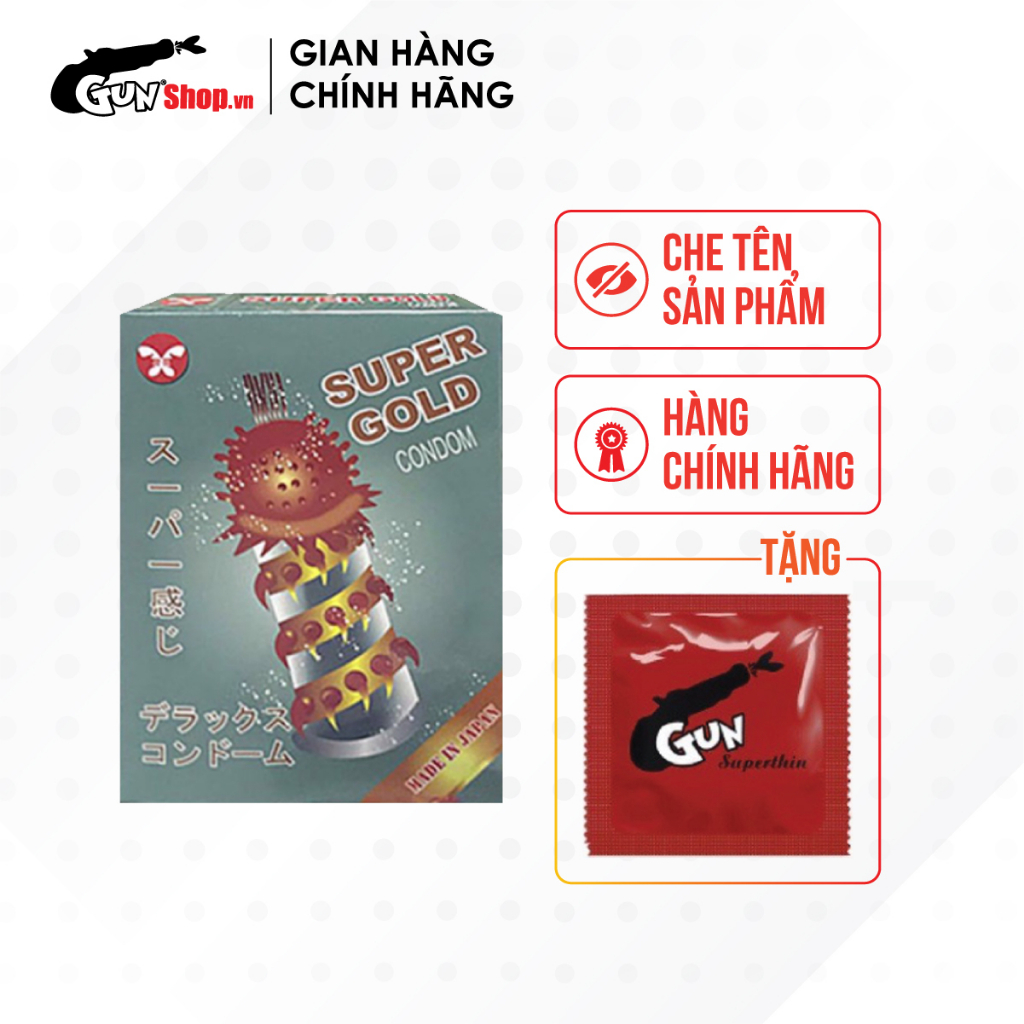 Bao cao su Super Gold gân và gai siêu lớn hộp 2 cái kèm 1 chiếc BCS Gun Super Thin - 0076