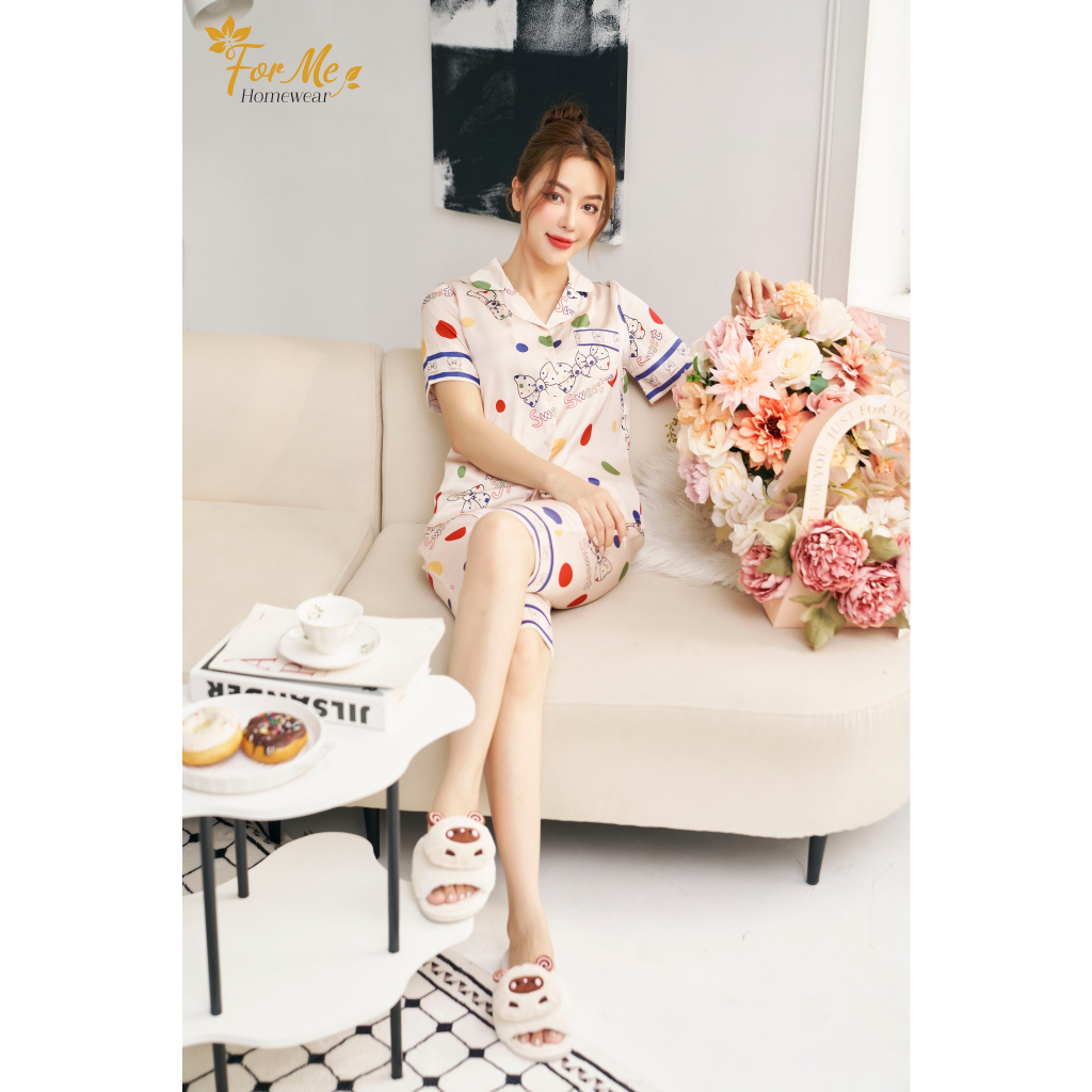 Bộ Lụa Hàn Châu Ngắn Tay Quần Lửng SWEET NƠ 32, ForMe Pijamas