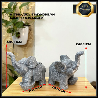 Cặp 2 tượng con voi đá trang trí phong thủy bàn làm việc mang may mắn cát tường cho gia chủ- Cao 11cm- Màu xám