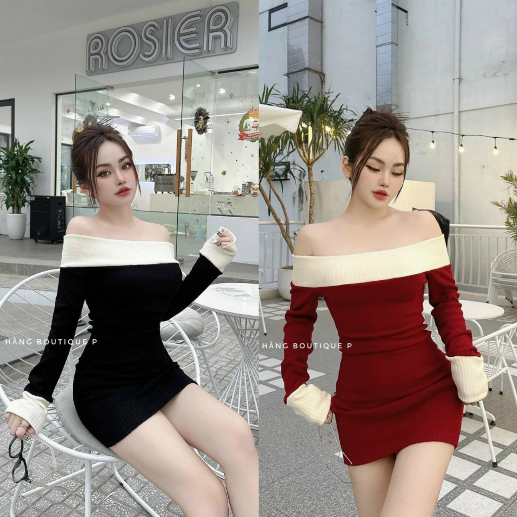 Đầm trễ vai dài tay viền trắng hai màu đen đỏ siêu xinh, sang chảnh thích hợp đi chơi, đi tiệc [116]