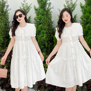 Váy babydoll Mijoo cao cấp cổ ren đính cúc ngọc tiểu thư
