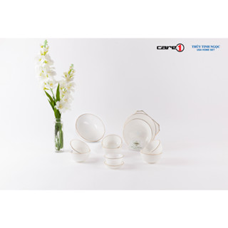 Bộ bát đĩa 12 sản phẩm viền vàng 22K màu trắng ngọc Thủy Tinh Ngọc USA Home Set cao cấp nhập khẩu chính hãng