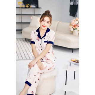 Bộ lụa hàn châu ngắn tay quần dài rabbit phối viền xanh 10, forme pijamas