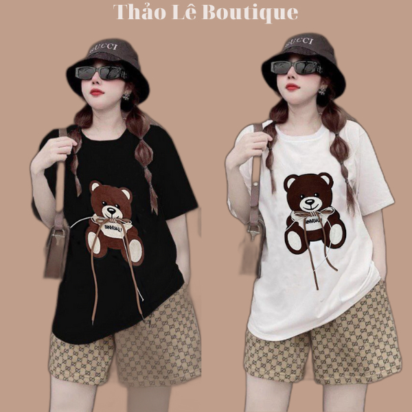 Bộ áo cộc quần đùi nữ đáp gấu nổi chất xốp phom rộng - Boom