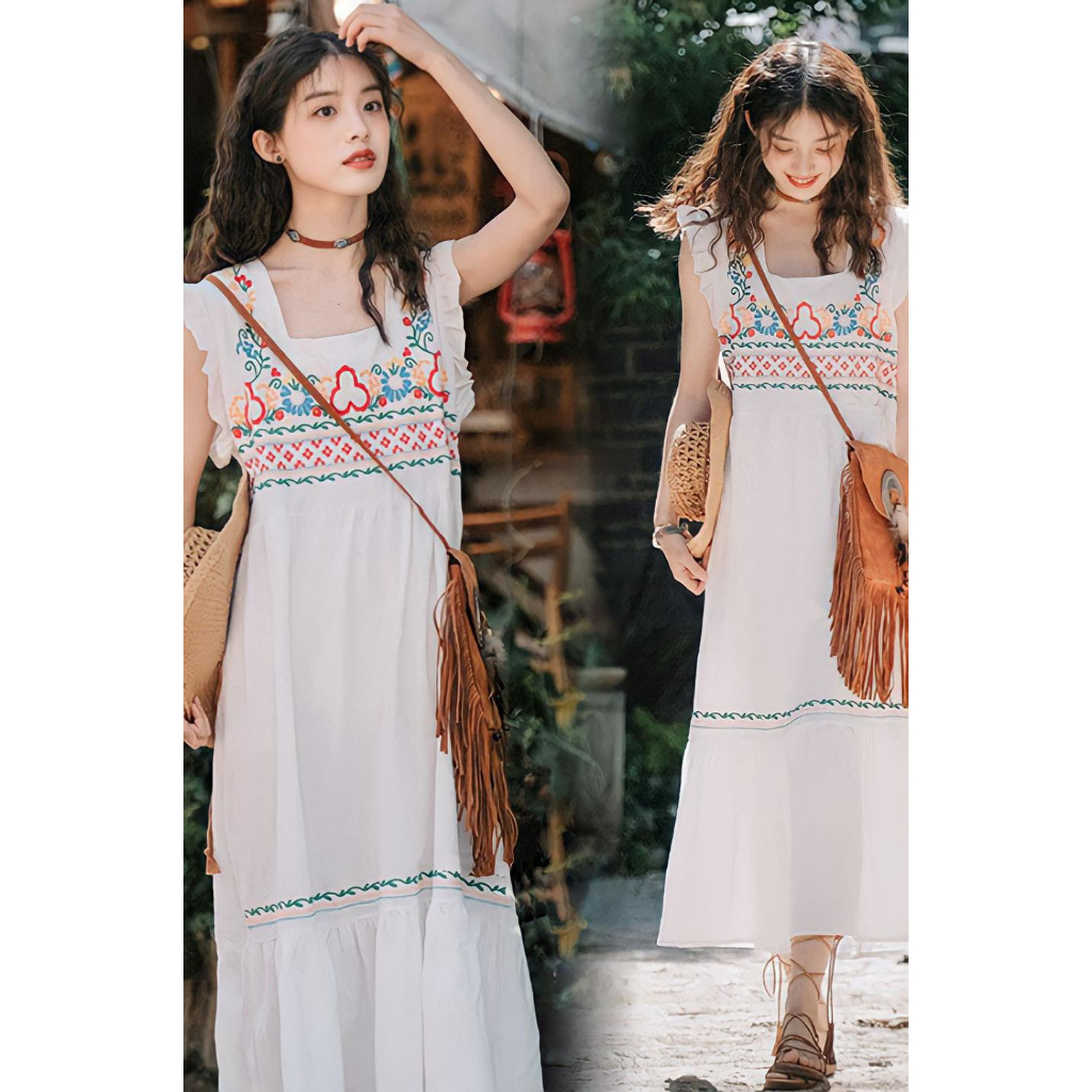 Váy thêu phong cách Boho vintage mùa du lịch 2023