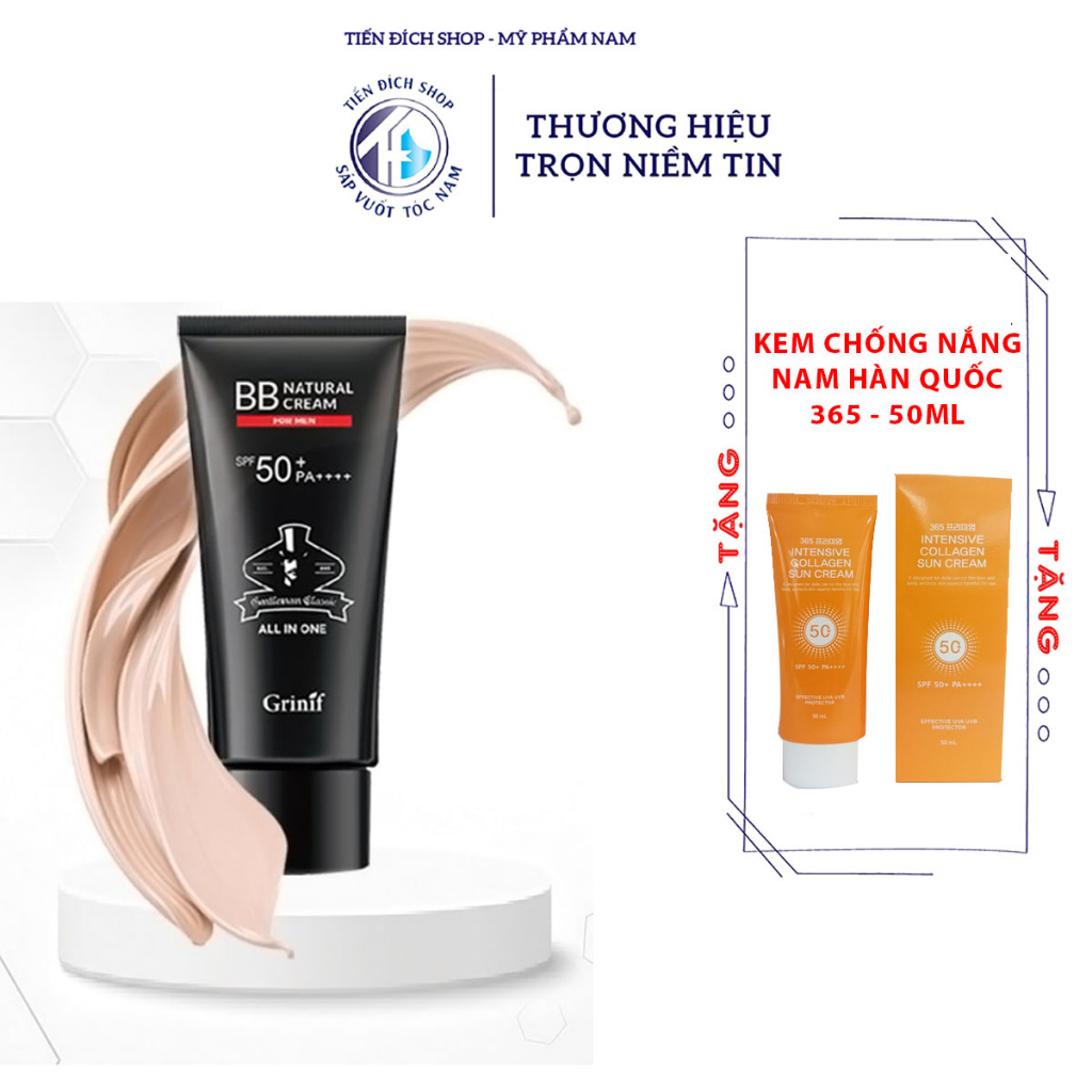 Kem che khuyết điểm chống nắng, giảm nhăn cho nam giới Grinif Natural BB Cream for Men 50gr + Tặng kem chống nắng 50ml