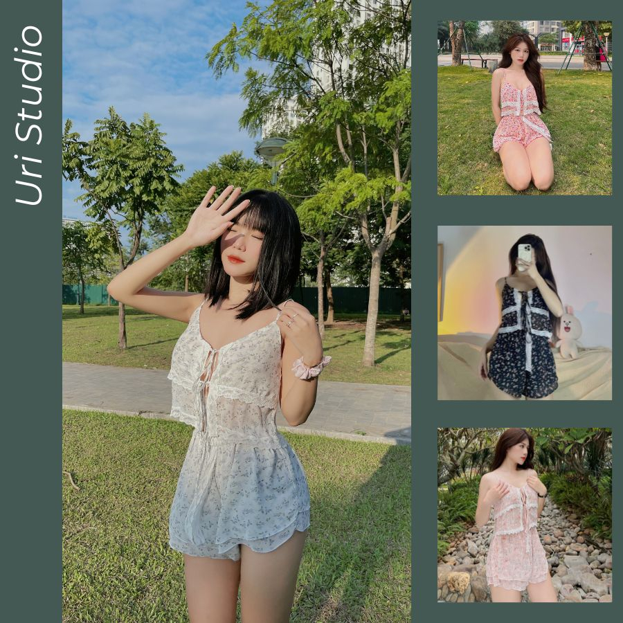 Set đồ ngủ nữ pyjama đẹp mặc nhà Lila, bộ ngủ nữ sexy vải voan hoa nhí Uri Studio