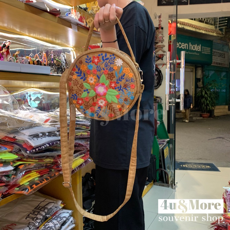 Túi vải xách tay đeo chéo hình tròn thêu thổ cẩm phong cách bohemian đi biển, dã ngoại