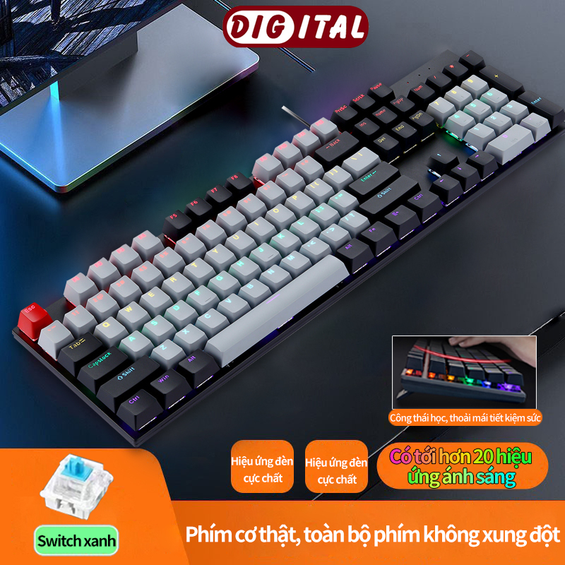 Bàn Phím Cơ Gaming K1 xanh Switch 20 Chế Độ LED Màu Cực Đẹp 104 phím, toàn bộ phím không xung đột-Bảo hành một năm