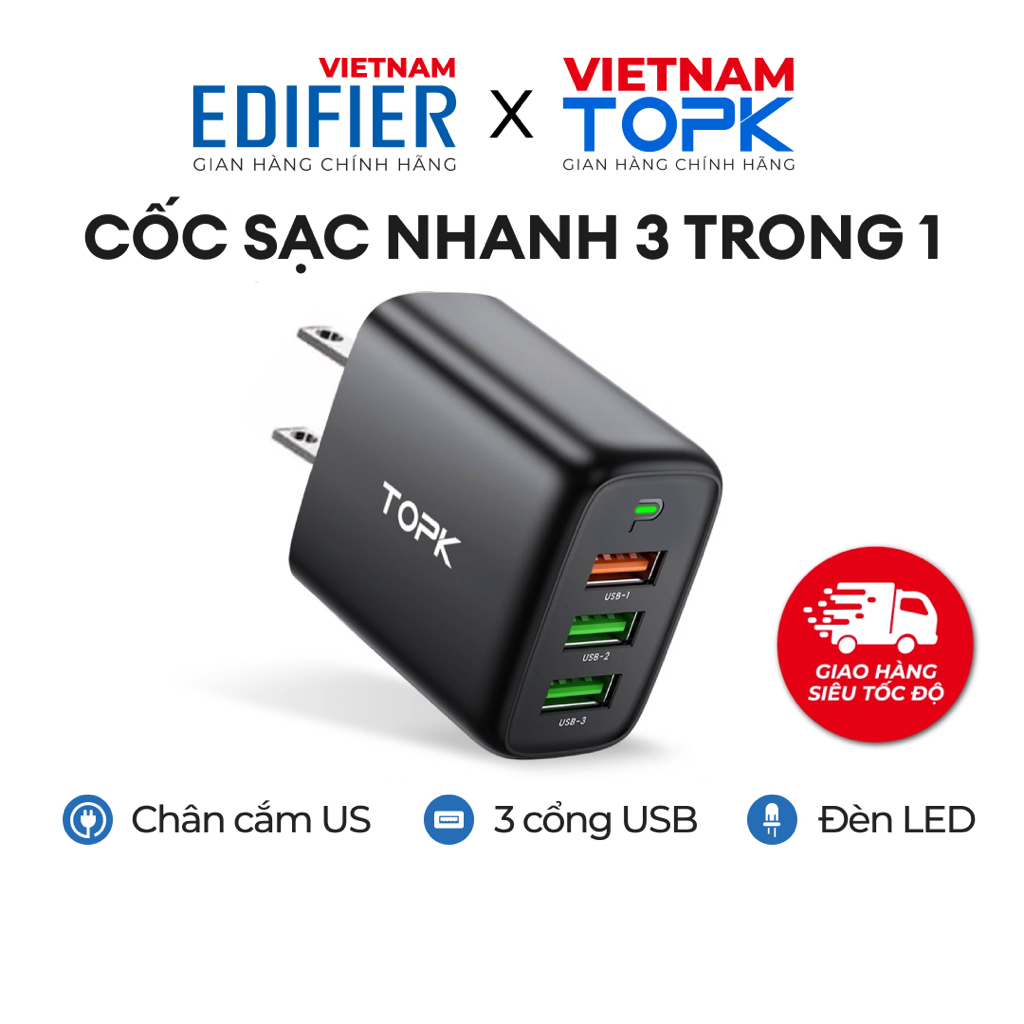 Cốc sạc nhanh 3 trong 1 TOPK B15 A3 Sạc nhanh QC 3.0 công suất 30W 3 cổng sạc USB