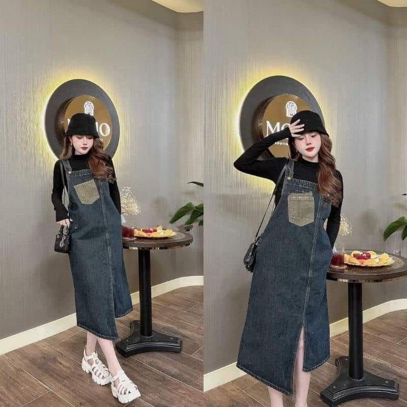 Yếm Váy Jean  Nữ Dáng Dài, Xẻ Tà Trước, Xanh 1139, Không Giãn