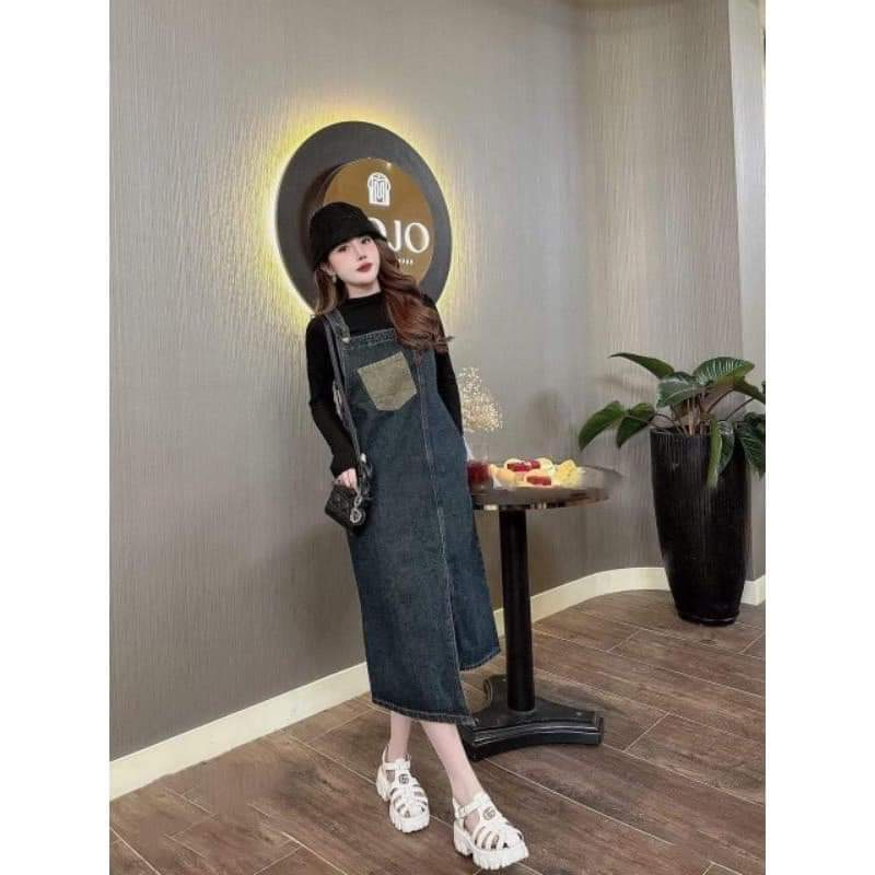 Yếm Váy Jean  Nữ Dáng Dài, Xẻ Tà Trước, Xanh 1139, Không Giãn