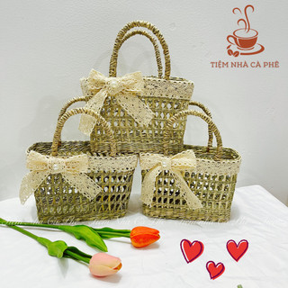 Túi Cói Mini Đan Thưa (nơ ren)_Tiệm Nhà Cà Phê