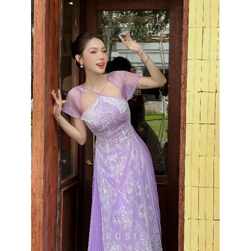 Áo dài cách tân 4tà ren Cẩm Tiên màu tím dập ly phối ren cổ yếm tiểu thư,thướt tha thiết kế thương hiệu thời trang Vinna