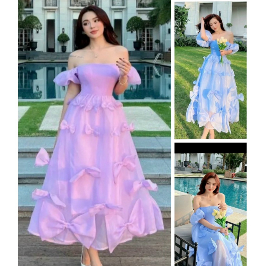Đầm maxi voan tơ kiếng phồng mix nhiều nơ dành cho các nàng thơ tiểu thư sang chảnh, xinh xắn đi chơi, du lịch, dự tiệc